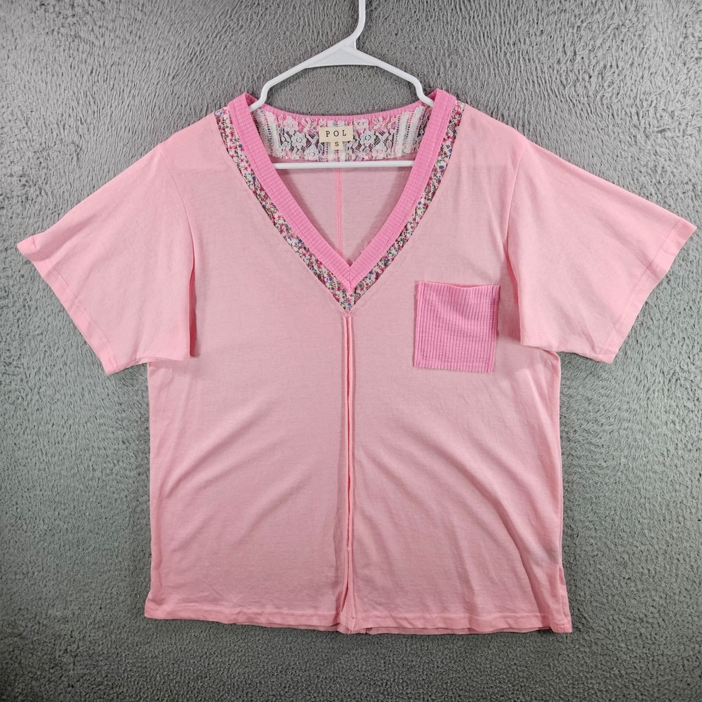 POL Womens Pink Mixed Media Floral Lace V-Neck Short Sleeve Top Small